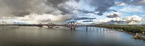 UNESCO World Heritage Site Panorama Prints: Sunset Panorama of Rain clouds over Forth Bridge from a drone