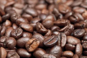 Close Up Coffee Beans Prints: Surface with roasted coffee beans close up