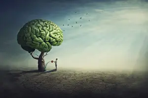 Surrealism Prints: Surreal Brain Tree Print: Mindful Care in a Desolate Land