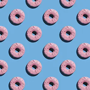 Bakery Goods Photography Prints: Sweet donuts pattern on a blue background