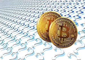 Blockchain Technology Finance Prints: Symbol image, Bitcoin on question mark