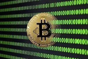 Bitcoin Cryptocurrency Image Prints: Symbol image digital currency, gold physical coin Bitcoin in front of binary code