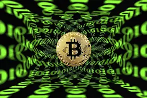 Bitcoin Symbol Prints: Symbol image digital currency, gold physical coin bitcoin with digital binary code