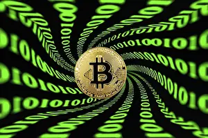 Bitcoin Symbol Prints: Symbol image digital currency, gold physical coin bitcoin with digital binary code