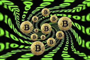 Digital Currency Coin Prints: Symbol image digital currency, gold physical coin bitcoin with digital binary code