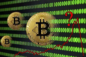 Digital Currency Coin Prints: Symbol image digital currency, gold physical coin Bitcoin with digital binary code