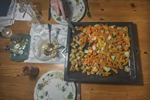Southern Germany Cuisine Prints: Table setting with cooked vegetables on a baking tray