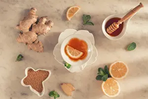Ginger Root Health Benefits Prints: Tea with ginger, lemon and mint