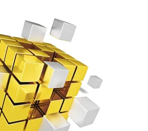 Deserted Building Architecture Prints: Teamwork concept, metal cubes assembling into gold one