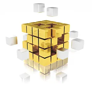 Teamwork Concept Prints: Teamwork concept, metal cubes assembling into gold one