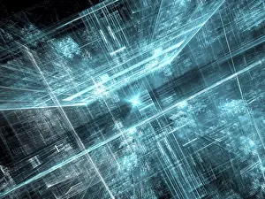 Virtual Reality Background Prints: Tech, sci-fi or virtual reality background with perspective - abstract computer-generated image
