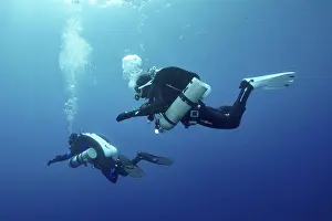 Mediterranean Sea Dive Prints: Two technical divers explore the blue water together