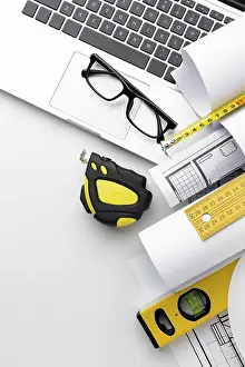 Construction Project Blueprint Prints: Technical plan drawing laptop