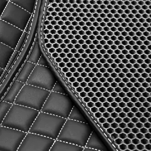 Black Leather Texture Prints: Texture of black leather background with square pattern and stitch