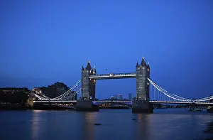 Prints of Thames, Tower Bridge, illuminated, behind Canary Wharf, dusk, blue hour, London, England, Great Britain, Great Britain Tower Bridge Prints: Thames River Print at Dusk, London