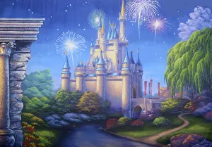 Historic Fortification Architecture Prints: Theatre backdrop featuring a scene with fireworks exploding over a medieval castle