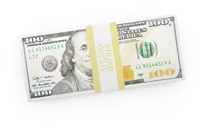 One Hundred Dollar Bill Prints: Ten thousand dollars stack of one hundred dollar bills isolated on a white background