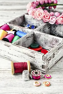 Traditional Handicrafts Prints: Thread and buttons with beads sewing and needlework