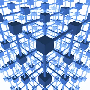 Abstract Concept Image Prints: Three-dimensional grid structure made of blue cubes and rods
