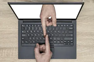 Symbolic Computer Image Prints: Touching fingers above computer keyboard