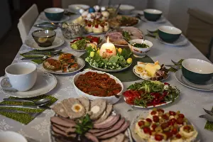 Traditional Easter Table Setting Prints: Traditional Easter festive table setting with eggs