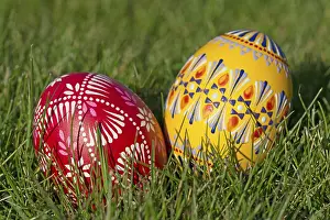 Easter Eggs In Grass Prints: Two traditionally hand-painted Easter eggs lie in the grass