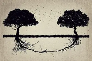 Teamwork And Collaboration Prints: Two trees in front of each other with their roots growing together