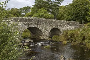Prints of Two-arched stone bridge over a river, surrounded by trees and vegetation, in Dartmoor National Park near Postbridge in Devon, Great Britain Postbridge Prints: Two-arched stone bridge Print over Dartmoor River