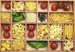 Tomato Nutrition Facts Prints: Type case with pasta, basil and tomatoes