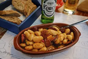 Prints of Typical dish, bean stew with sausage, Tave e shtepise, Albanian beer, Korca, Albania Typical dish, bean stew with sausage, Tave e shtpis, Albanian beer, Korca, Albania Albania Prints: Albanian Bean Stew Print, Korca, Albania