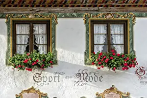 Upper Bavaria Exterior View Prints: Typical Luftlmalerei around window with geraniums