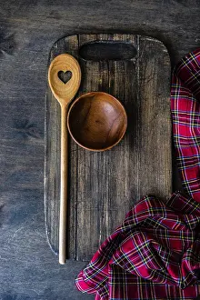 No People In The Kitchen Prints: Useful kitchen cooking stuff on rustic table