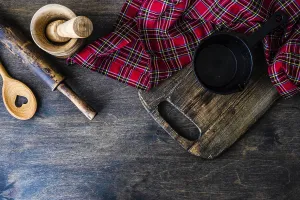 Rustic Kitchen Table Prints: Useful kitchen cooking stuff on rustic table