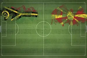Prints of Vanuatu vs North Macedonia Soccer Match, national colors, national flags, soccer field, football game, Competition concept, Copy space Macedonia Prints: Vanuatu vs North Macedonia Soccer Match Print