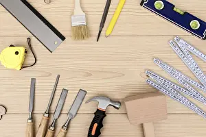 Carpentry Tools Prints: Various carpentry tool top view copy space