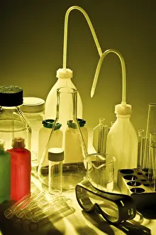 Plain Colored Background Photoshoots Prints: Various chemical and laboratory objects on a white background