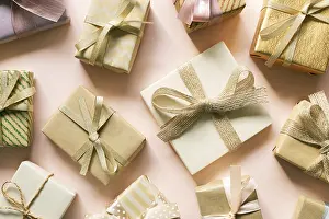 Flat Lay Studio Shot Prints: Various gift boxes on pink background