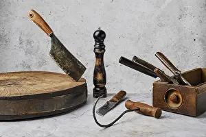 Country Style Kitchen Utensils Prints: Various kinds of rustic butcher tools