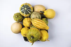 Pumpkin Decorations Prints: Various ornamental pumpkins in and next to baskets