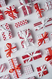Flat Lay Studio Photography Prints: Various pattern and size Christmas boxes placed on white background