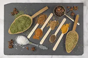 Diverse Food Options Prints: Various spices on different spoons