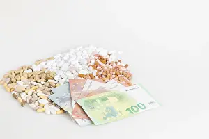 Paper Money Payment Prints: Various tablets and euro banknotes on top of each other