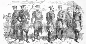 Historical Military Attire Prints: Various war uniforms, on the left