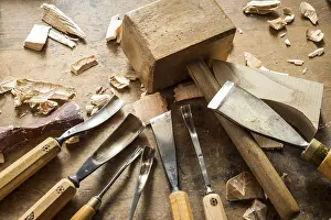 Woodworking Tools Prints: Various woodworking tools on a workbench