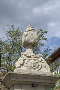 Central Europe Building Structures Prints: Vase centrepiece on a courtyard gate