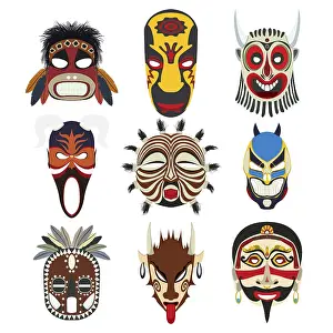 Exotic Decorative Items Prints: Vector tribal masks set, isolated objects over white background