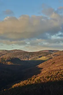 Atmospheric Evening Light Shot Prints: Vegetation of forests and fields in the hills with clouds in evening light
