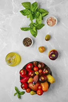Organic Food Ingredients Prints: Vertical composition with various types of tomatoes