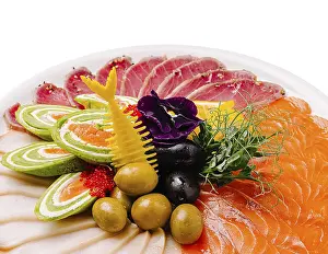 Japanese Cuisine Prints: A vibrant platter displays an array of sashimi