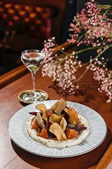 Elegant Food Presentation Prints: A vibrant root vegetable salad featuring beets